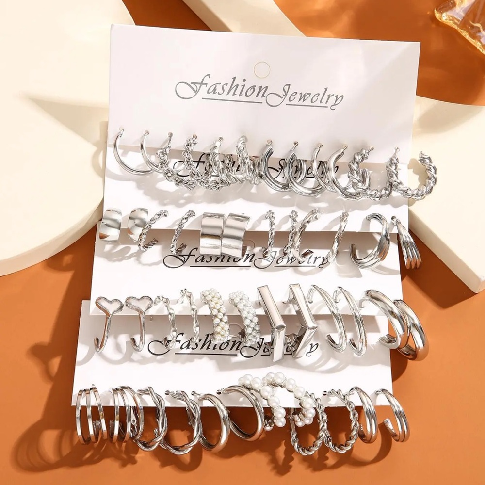 48 pcs/set Women’s Elegant Rhinestone Faux Pearl Decorative Alloy Hoop Earrings